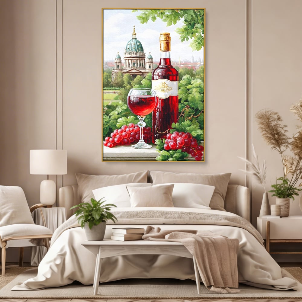 Tablou canvas cu pictura cu sticla de vin si cupola, in rama de aluminiu auriu, pe perete intr-un dormitor
